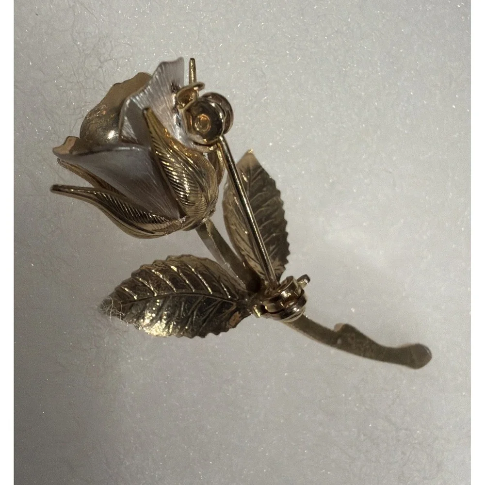 Vintage Long Stem Rose Brooch Pin Estate Jewelry Gold & Silver Tone 2.25